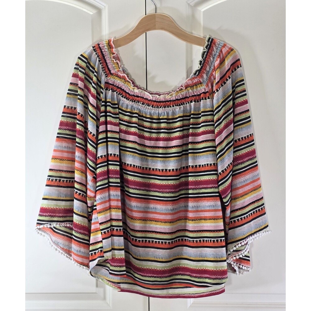 New Directions Boho Peasant Top L Bell Sleeve Festival Aztec Stripe Resort - Picture 2 of 9